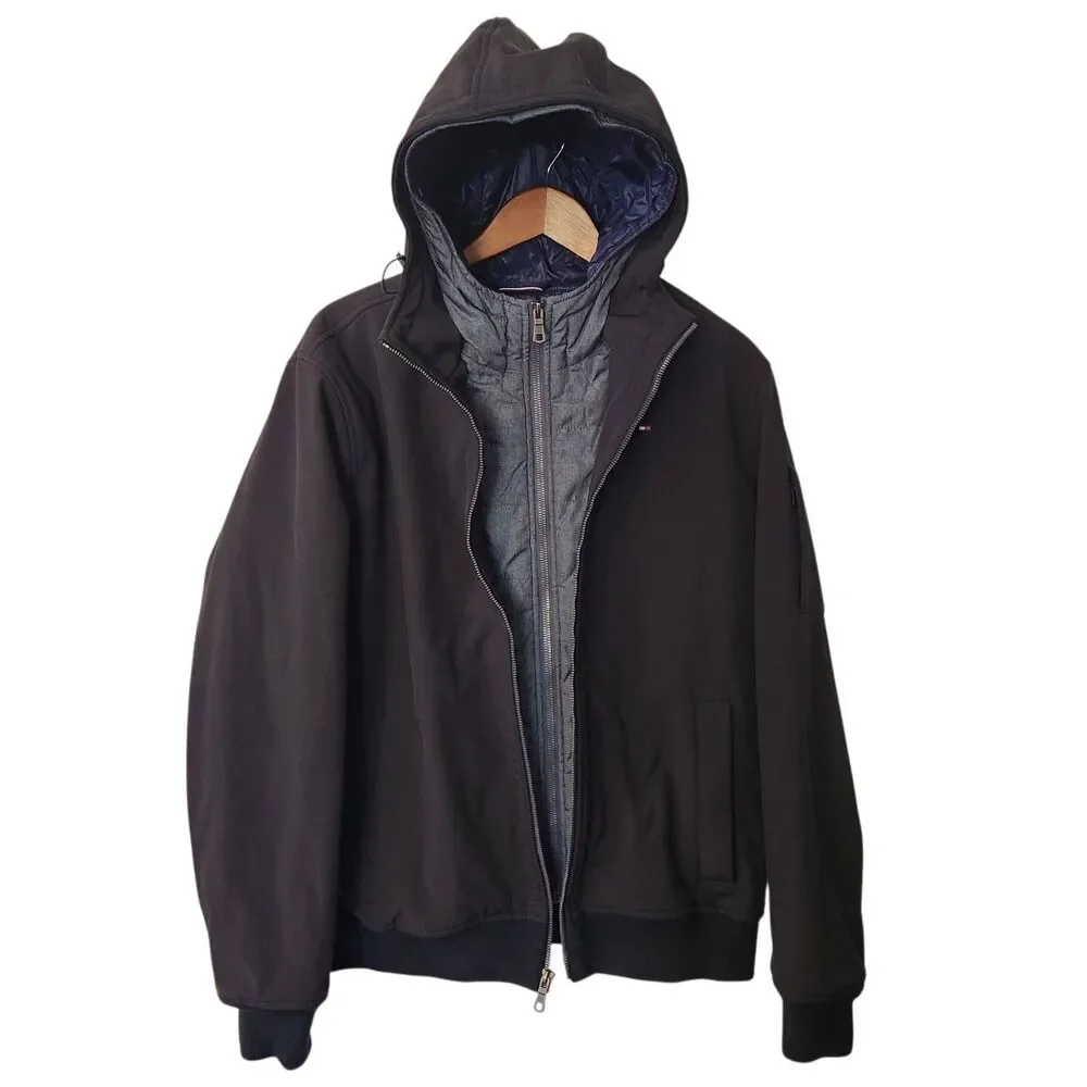 Tommy Hilfiger Men's M Black Hooded Double Layer Bomber Jacket Blue Lining